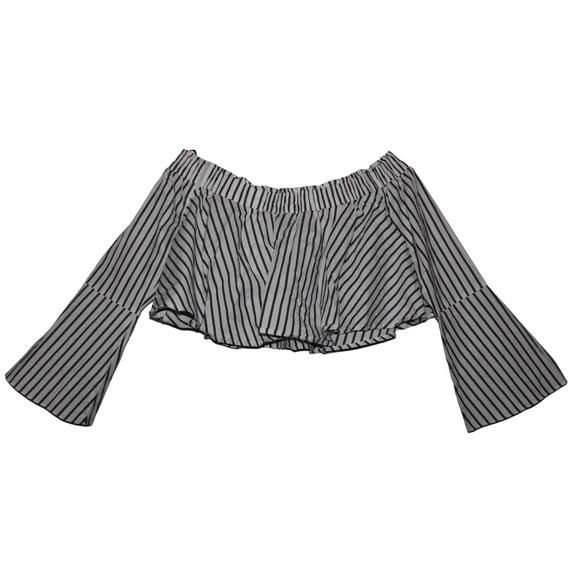 Womens Bebe Flounce Ruffle Off The Shoulder White Gray Striped Crop Top Sz Small - Picture 2 of 2